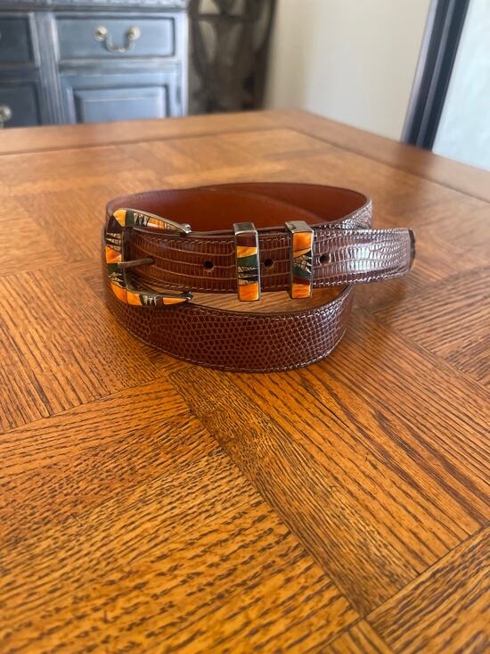 B.G. MUDD sterling silver multi stone inlaid 3 piece buckle Lizard belt size 36 main image 7